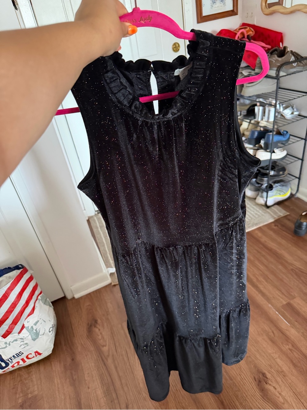 J.Crew Black Sparkle Velvet Midi Dress Sleeveless Tiered Size 10